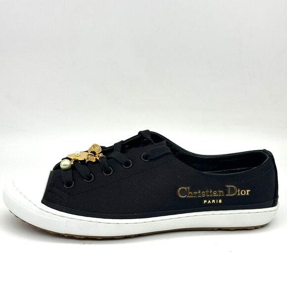 DIOR Lucky Charms Signature Satin Low Top Flat Sneakers Trainers Black - Picture 3 of 15